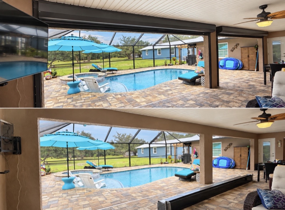 Roll-down hurricane shutters open and closed on lanai SWFL