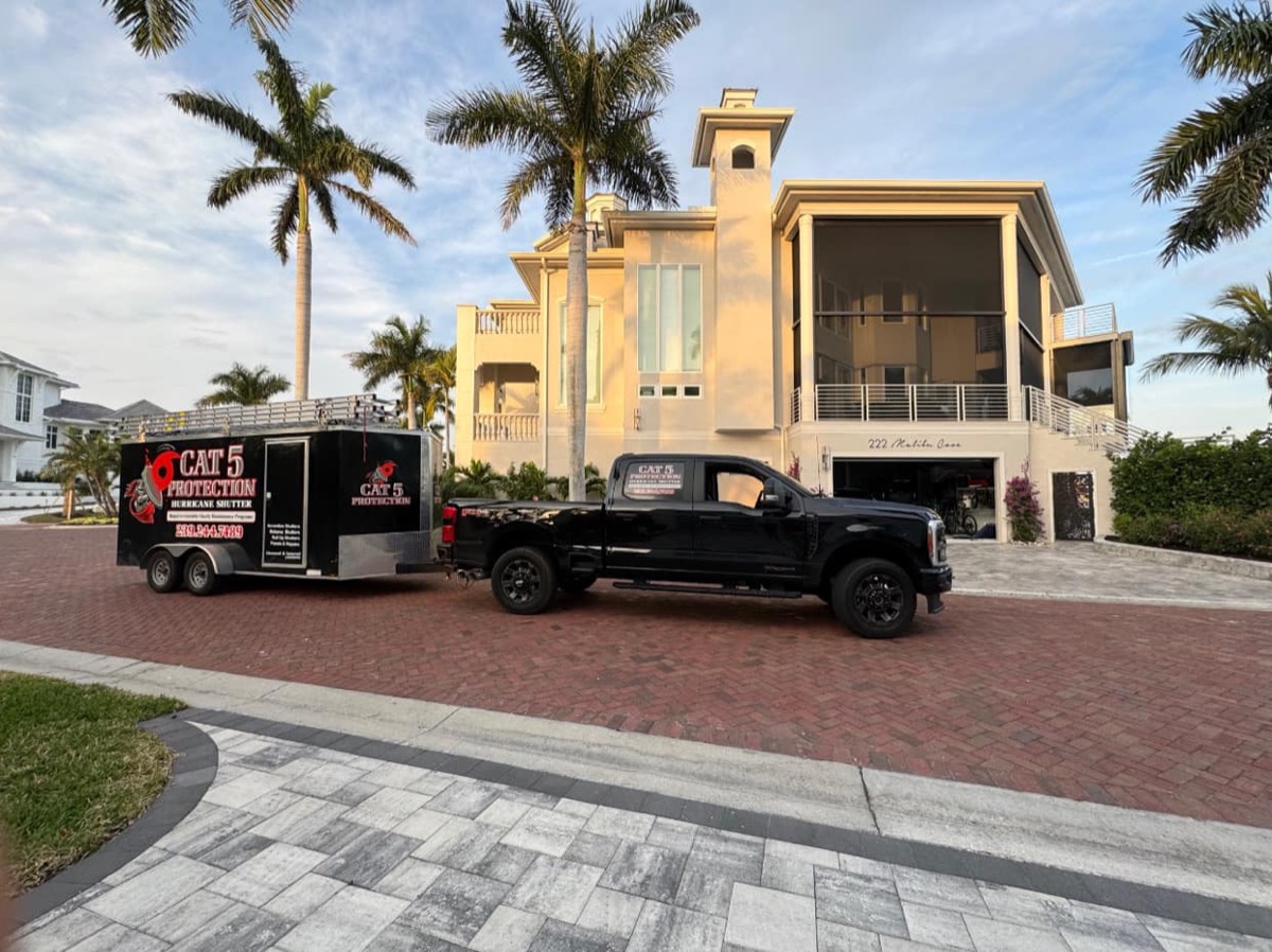Cat 5 Protection truck and trailer at luxury Naples home